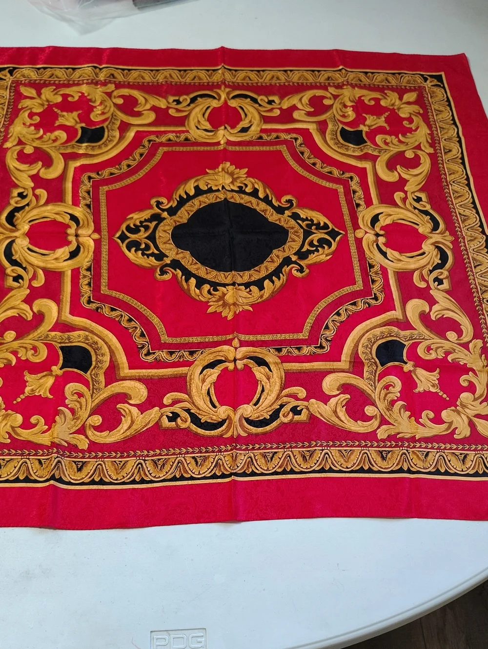 Vintage 100% Silk Red Gold Baroque Print Square Large Scarf 